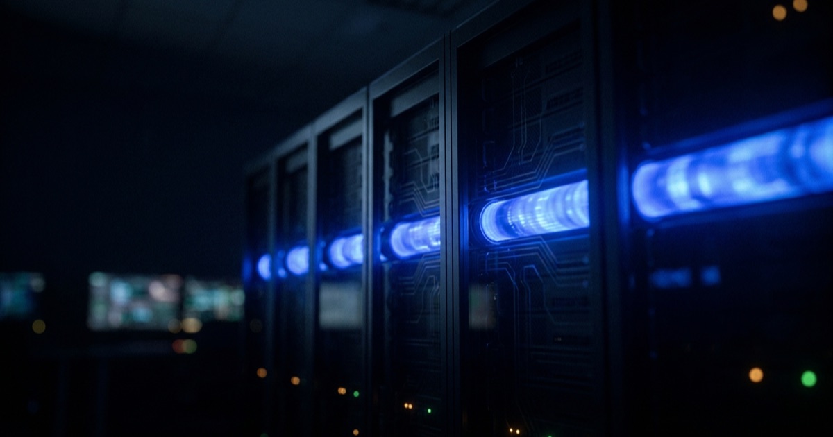 A dark server rack with one glowing secure data channel running through it